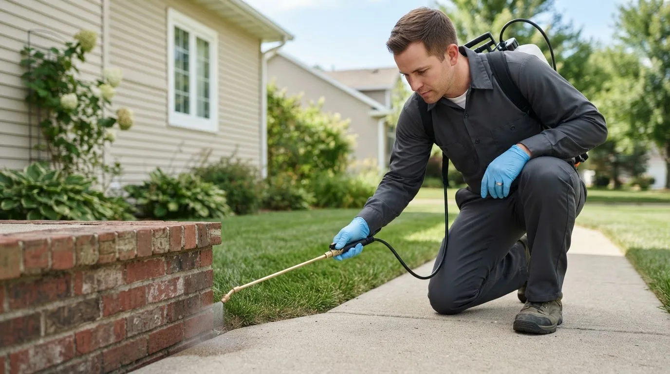 Pest control technician treating a home near Logan, IL